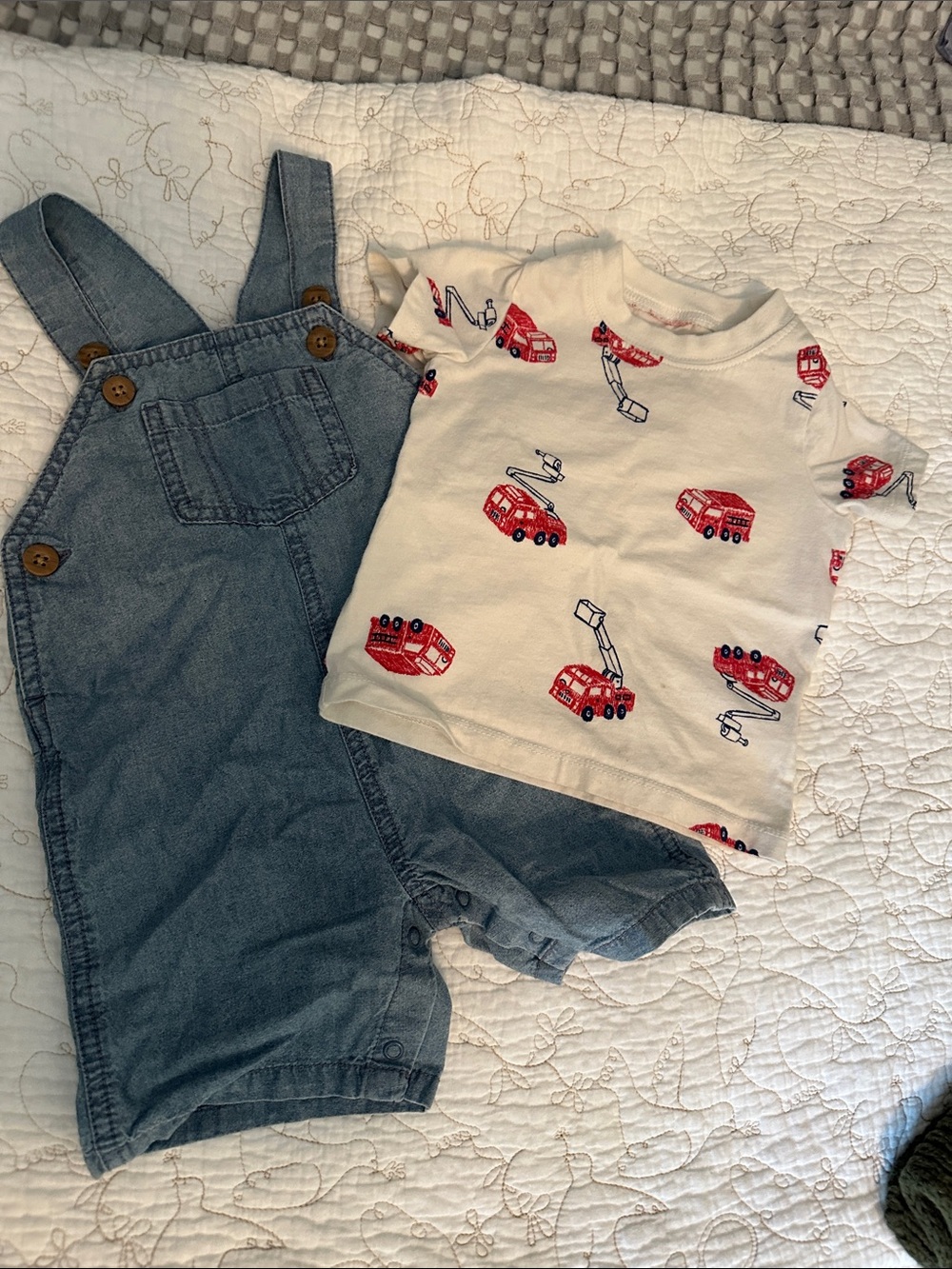 Carter's Cream Tee with Red Firetruck Print and Blue Denim Overalls